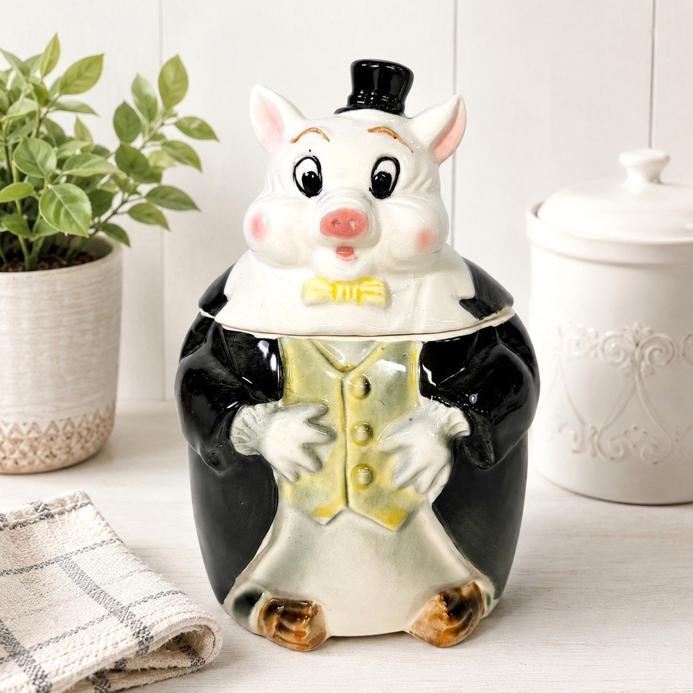 VTG Pacific Japan Pig Tobacco Jar Top Hat Suit Figural Ceramic Humidor 7.25"